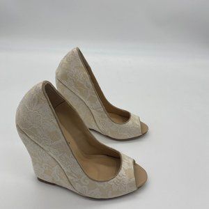 FSJ White Peep Toe Wedge Wedding Lace Shoes Heels
